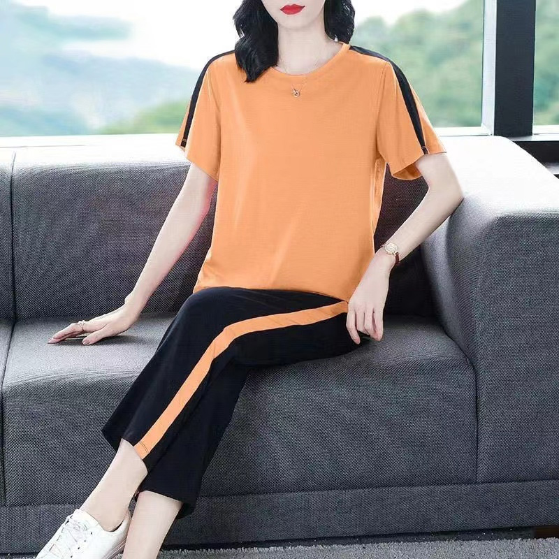 纯棉休闲运动服套装女2024年夏季新款韩版大码宽松显瘦短袖两件套-图1