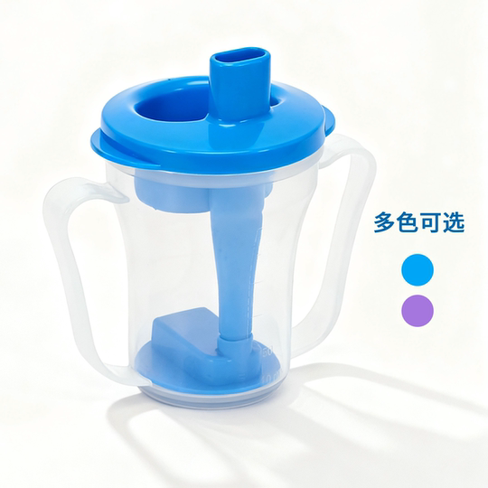 Elderly patient lying down and sitting with limited ration of water cup