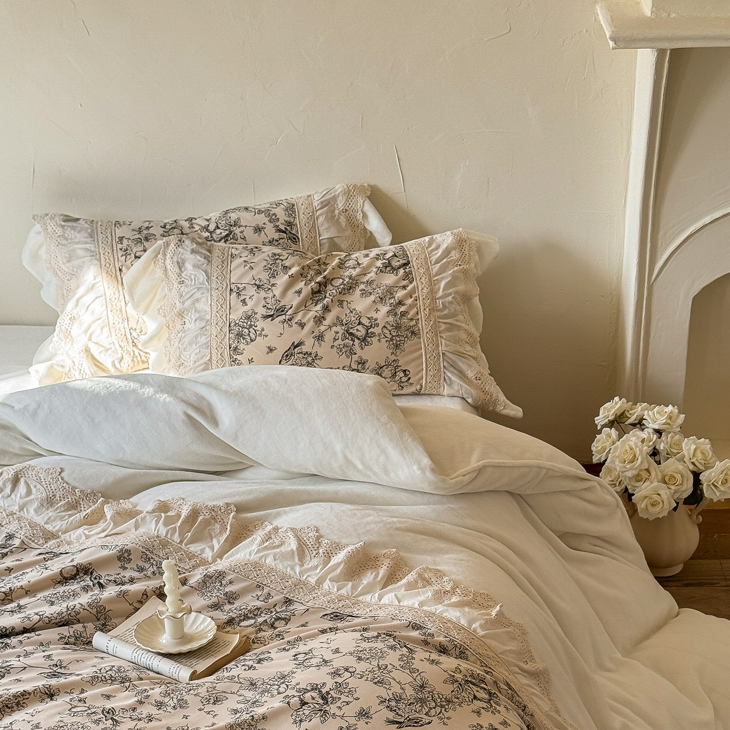 法式复古风牛奶绒四件套冬季珊瑚绒保暖加绒床单蕾丝花边被套床品