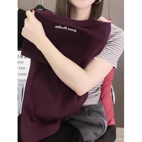 今年新款大码夏季深紫色短袖T恤女字母纯色高级感气质复古上衣ins - 图3