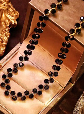 日韩时尚黑水晶气质项链女款轻奢风高级感法式时尚小众抽拉锁骨链