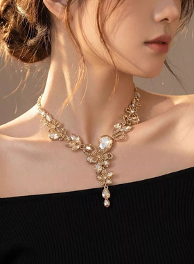 香槟色花朵闪钻锁骨链女高级感