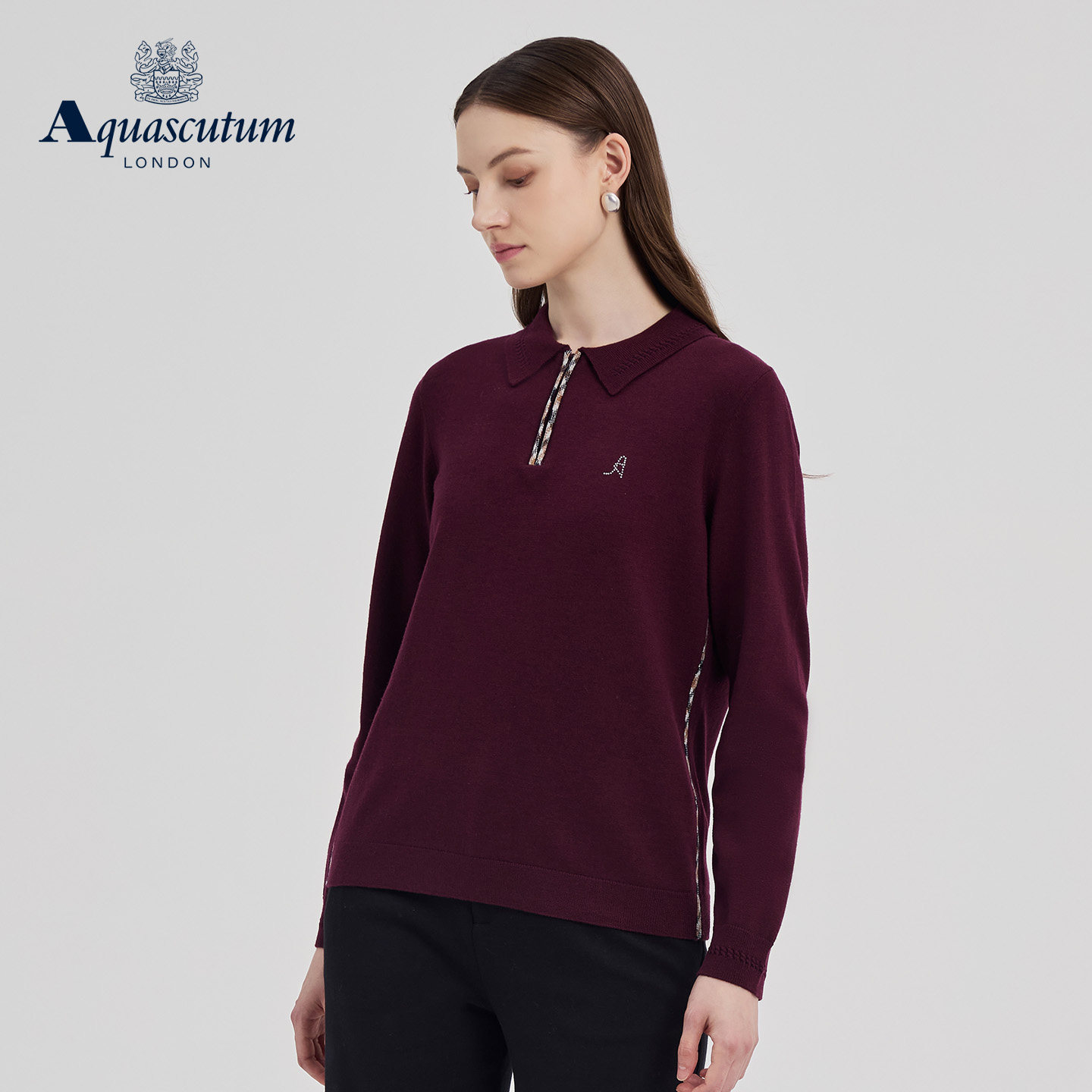 Aquascutum/雅格狮丹秋冬新品女修身翻领长袖内搭羊毛针织衫气质,淘宝优惠券,粉丝福利购,淘宝优惠卷