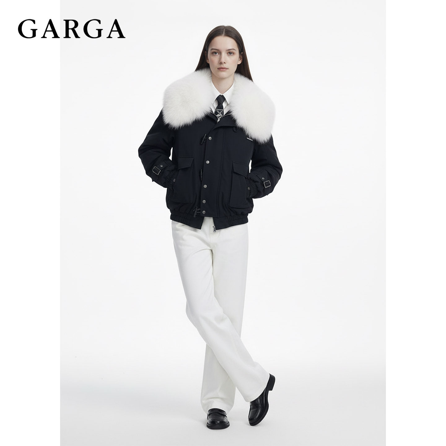 GARGA黑色短款大毛领派克服女冬季加厚冲锋衣牛角扣飞行夹克外套,淘宝优惠券,粉丝福利购,淘宝优惠卷