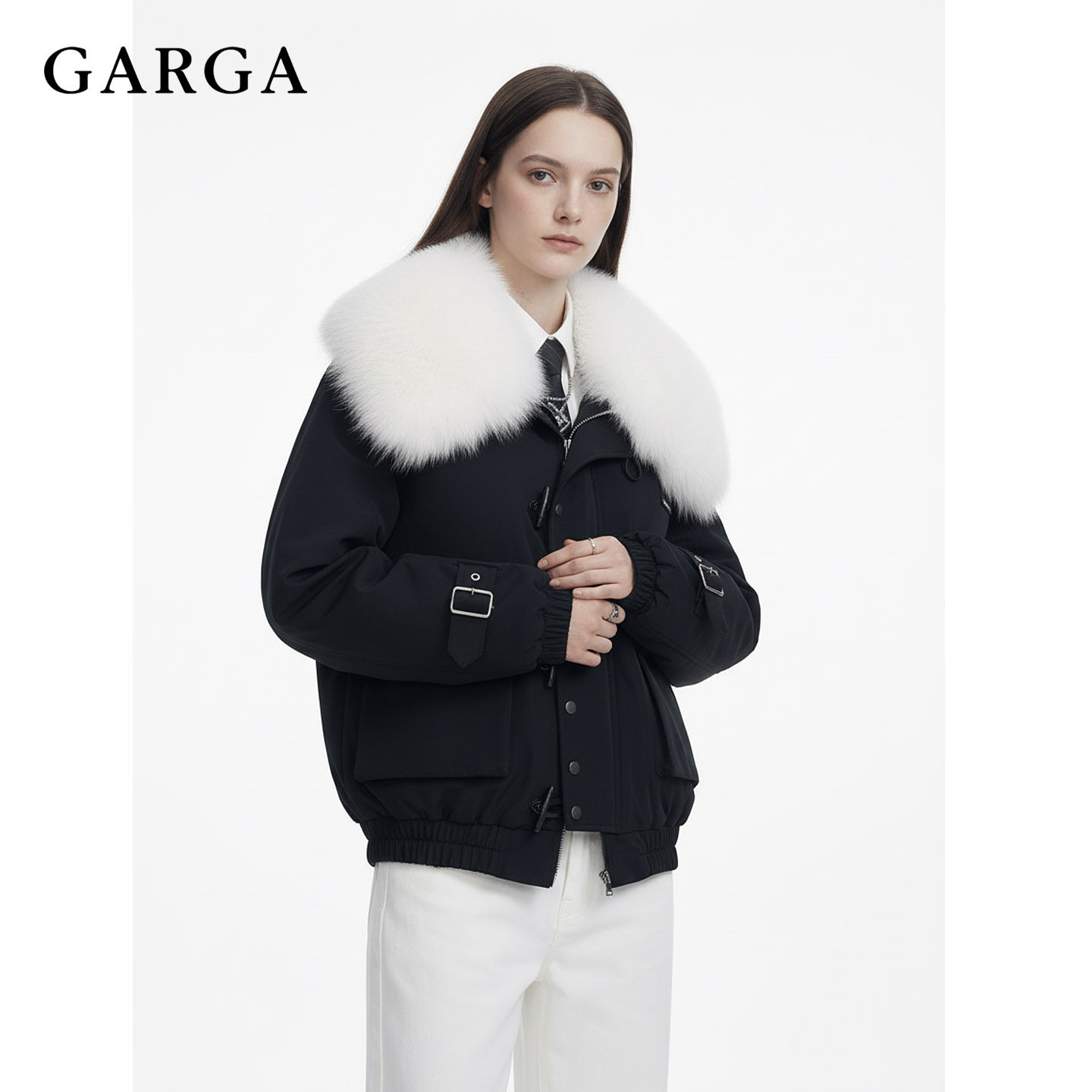 GARGA黑色短款大毛领派克服女冬季加厚冲锋衣牛角扣飞行夹克外套,淘宝优惠券,粉丝福利购,淘宝优惠卷