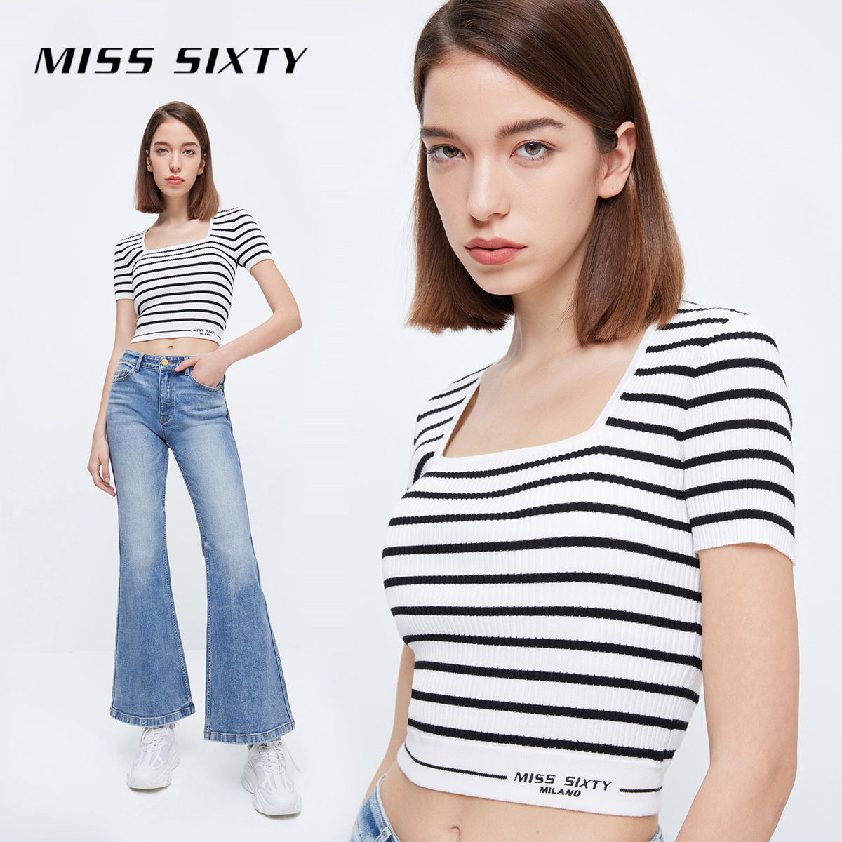 【限时折上折】Miss Sixty针织衫女上衣条纹刺绣方领套头短袖辣妹-图1