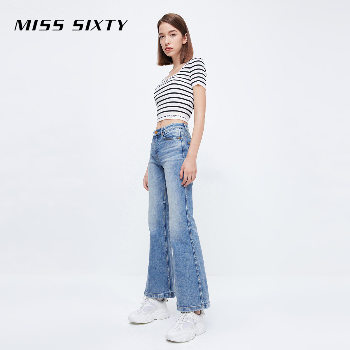 【限时折上折】Miss Sixty针织衫女上衣条纹刺绣方领套头短袖辣妹-图3