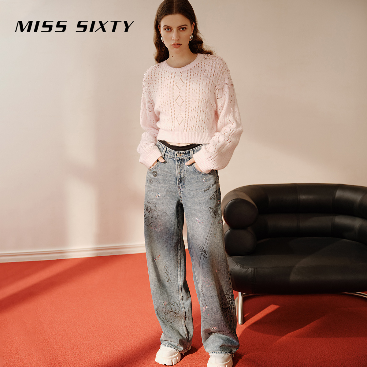 Miss Sixty针织衫女气质软糯圆领重工钉珠慵懒落肩氛围感毛衣 - 图1