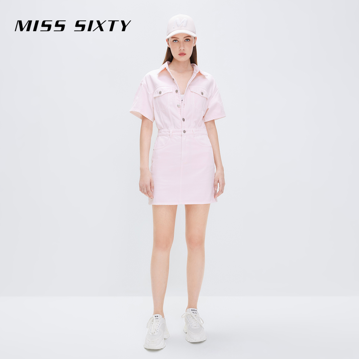 Miss Sixty牛仔裙浅粉色连衣裙女甜美减龄复古工装裙短袖衬衫裙 - 图2