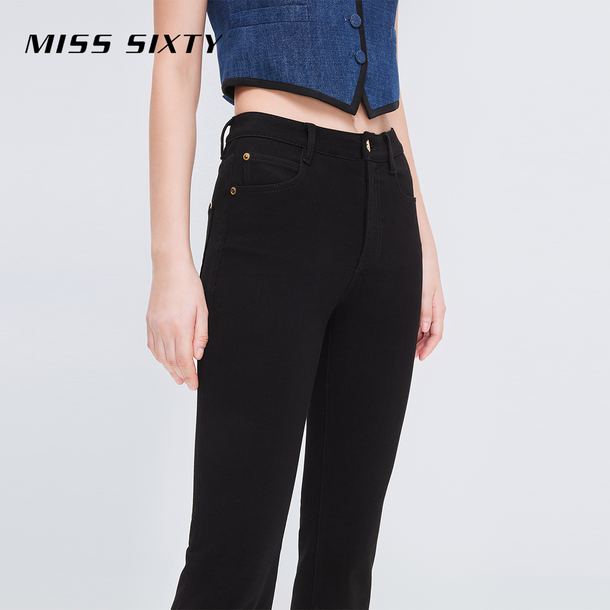 Miss Sixty2024春季新款牛仔裤女弹力修身小黑裤微喇叭裤子
