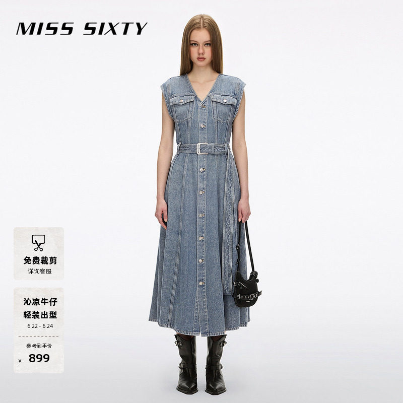【莱赛尔】Miss Sixty26春夏新款牛仔连衣裙女V领无袖法式A字长裙
