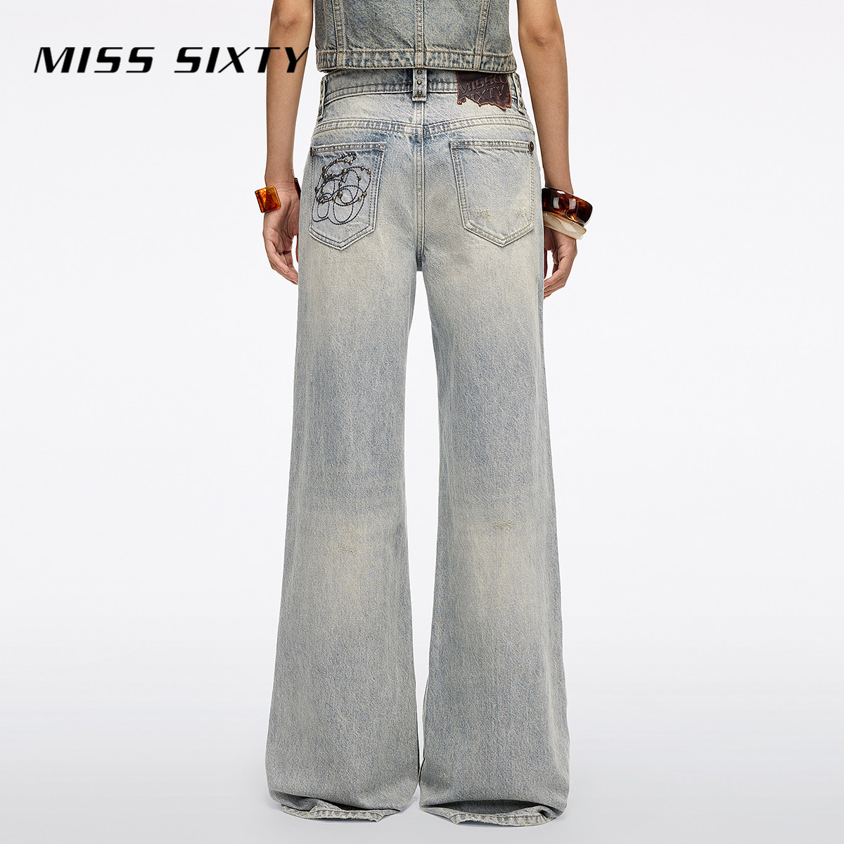 Miss Sixty2026春季新款牛仔裤女复古做旧洗水撞钉宽松阔腿喇叭裤,淘宝优惠券,粉丝福利购,淘宝优惠卷
