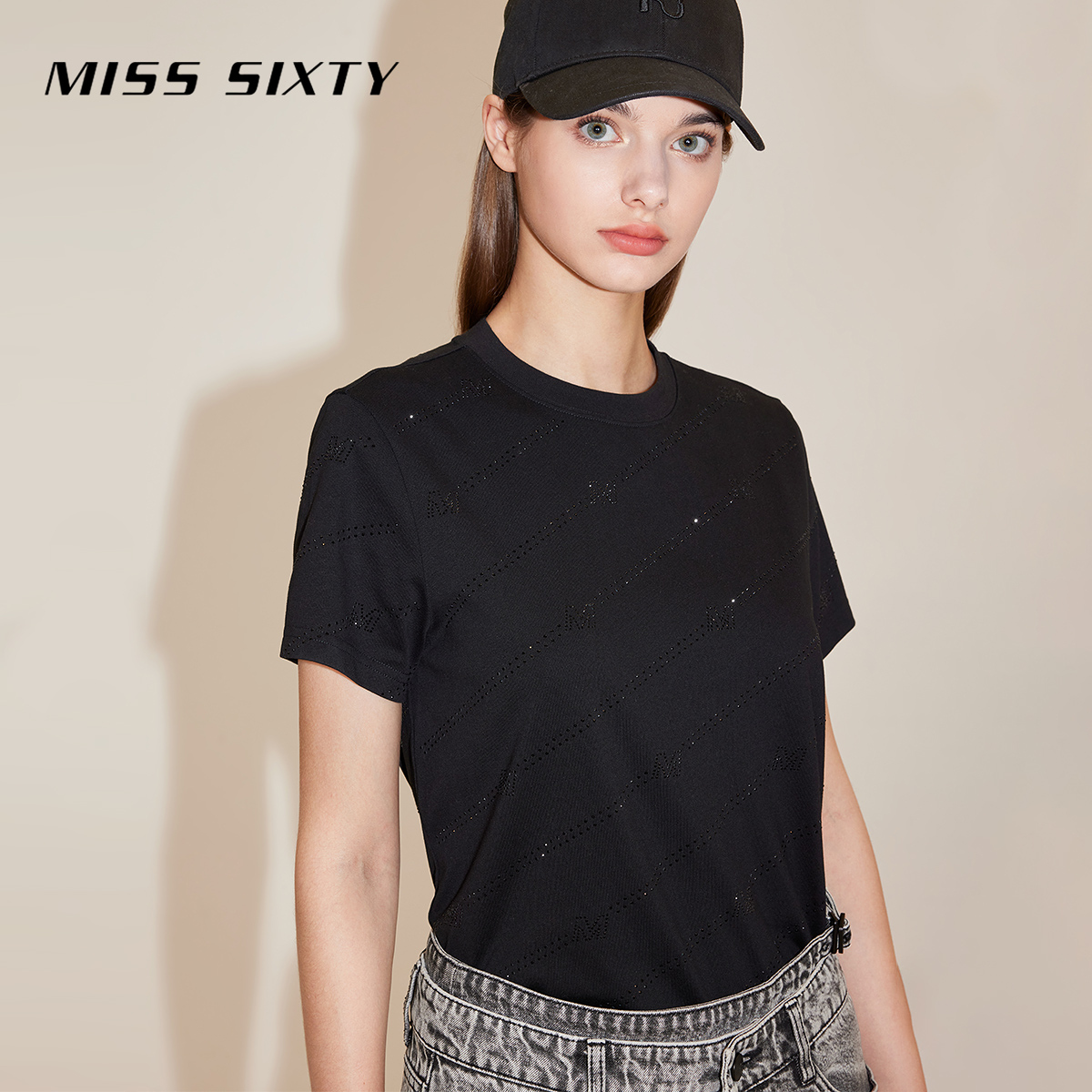 【限时折上折】Miss Sixty24春新款T恤女短袖字母烫钻欧美风 - 图1