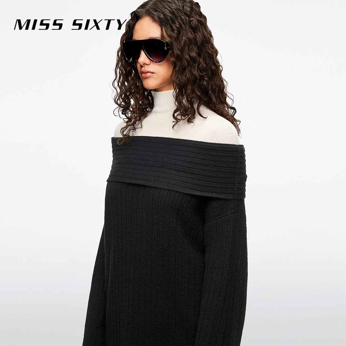 Miss Sixty2025冬季新款牦牛绒针织衫女一字肩坑条罗纹上衣毛衣,淘宝优惠券,粉丝福利购,淘宝优惠卷