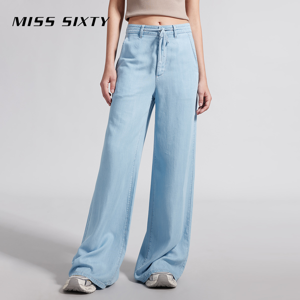 Miss Sixty2024夏季新款浅色天丝牛仔裤女松紧腰垂感阔腿裤薄款