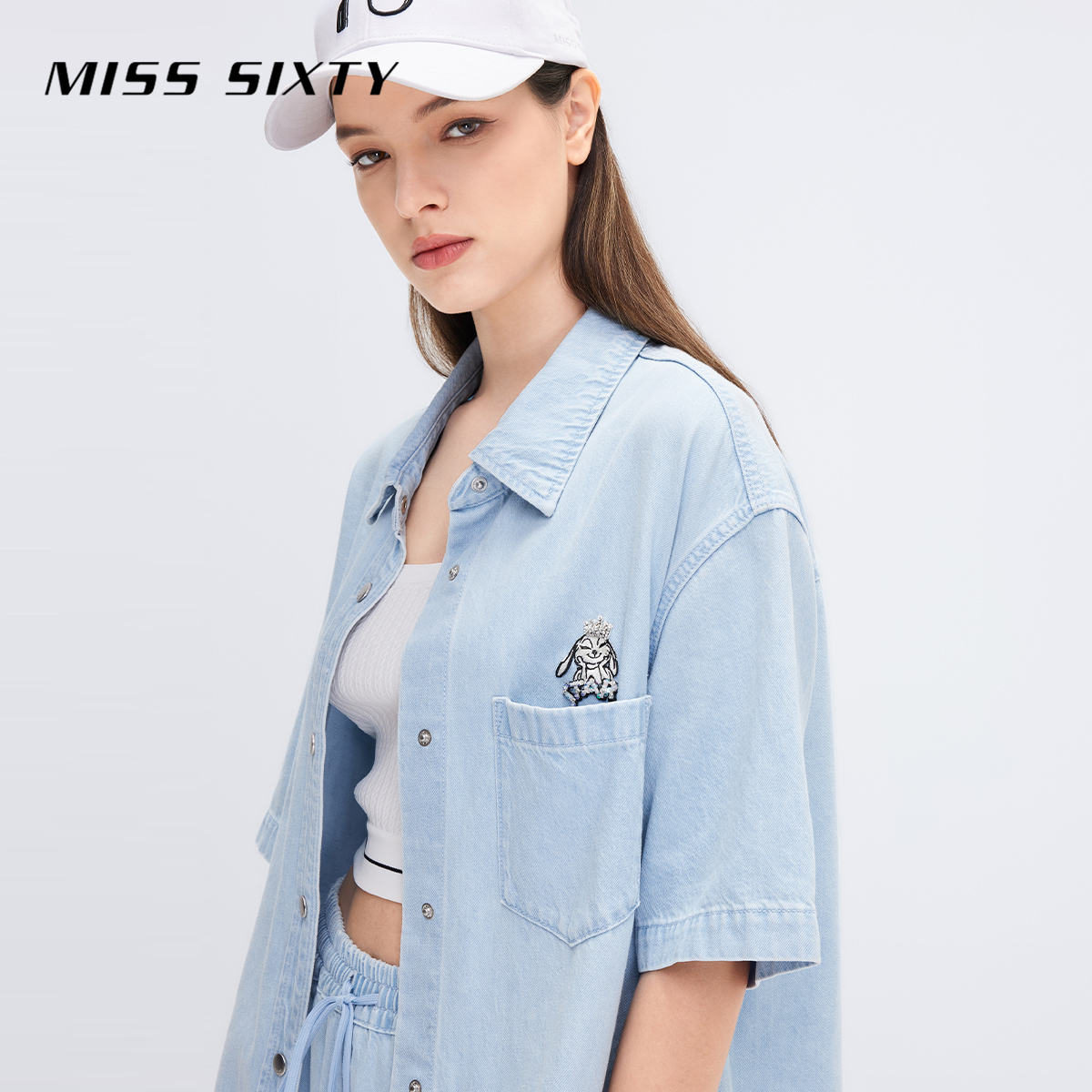 【限时折上折】Miss Sixty浅色牛仔短袖衬衫女刺绣减龄宽松休闲