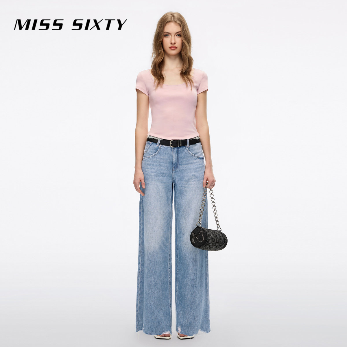 [大U领]Miss Sixty2026夏季大领口短袖T恤女蕾丝拼接修身短款