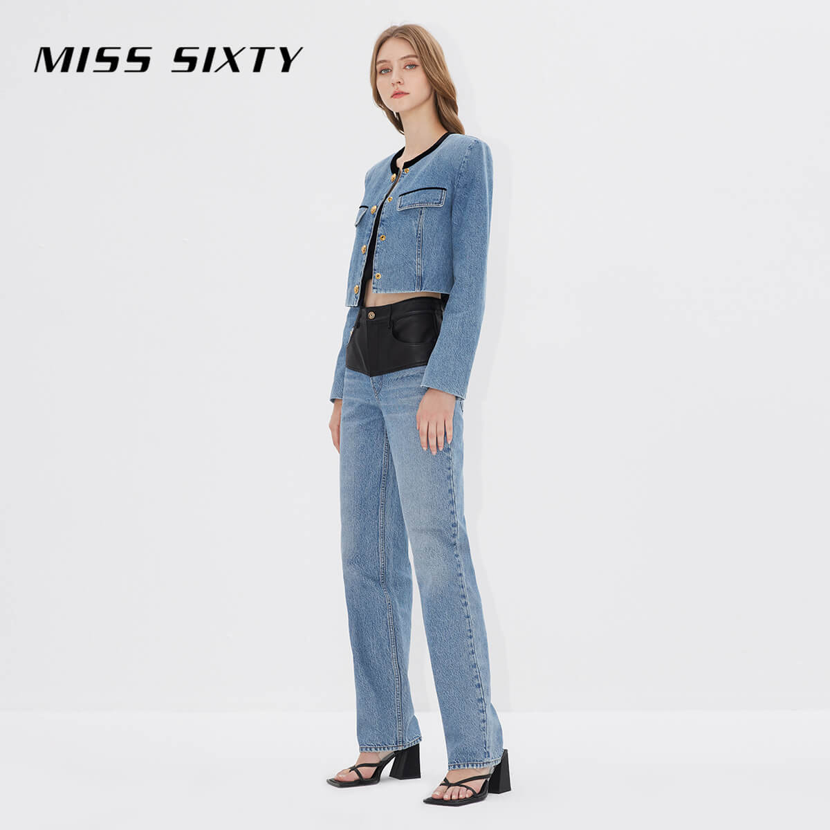 江疏影同款Miss Sixty皮质拼接牛仔夹棉外套女短款显瘦气质 - 图3