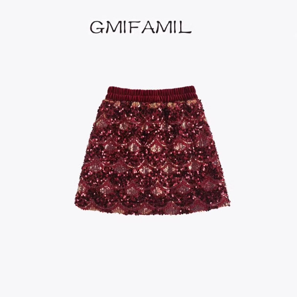 女童半身裙秋冬新款洋气短裙学生红色闪亮珠片富家千金感A字裙子,淘宝优惠券,粉丝福利购,淘宝优惠卷