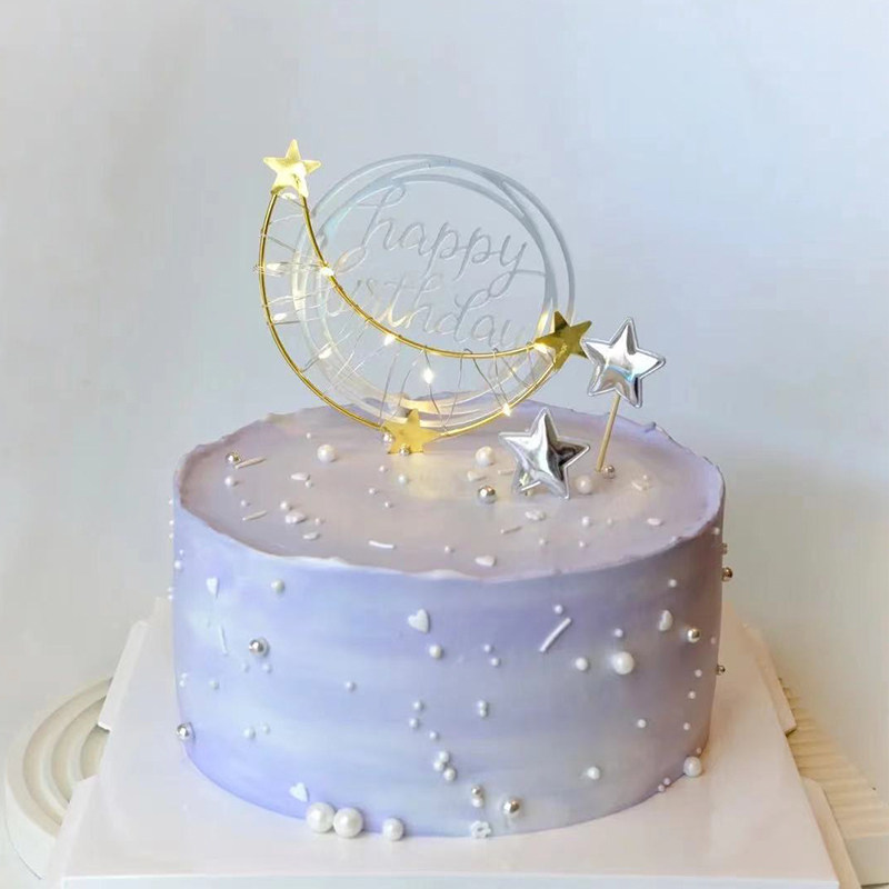 唯美金色铁艺星星月亮蛋糕装饰插件生日插牌派对甜品台烘焙用品