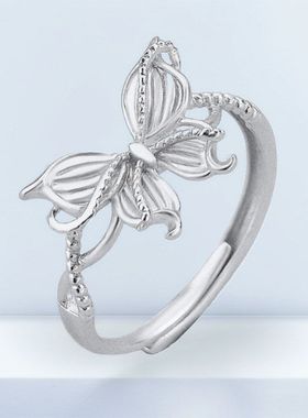 S999足银花丝蝴蝶戒指女轻奢高级感宫廷风气质百搭开口可调节指环