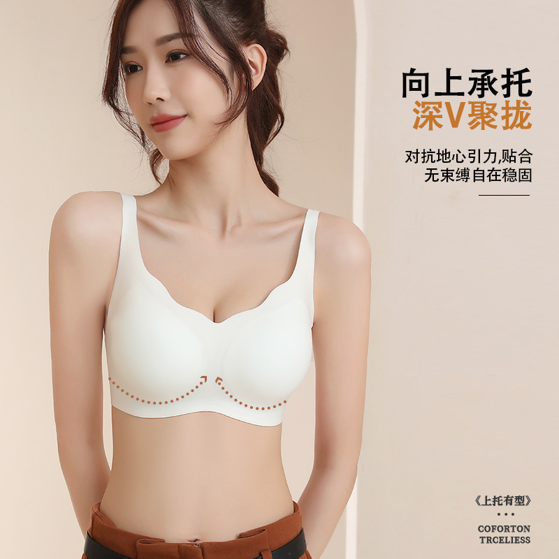 内衣女无钢圈固定乳胶杯聚拢上托收副乳不跑杯冰丝无痕少女抹胸-图0