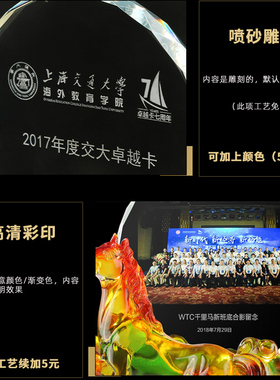 新款水琉璃奖杯马牛龙长城奖杯定制刻字奖牌授权颁奖纪念优秀年会