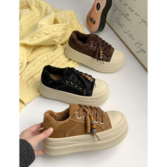 复古串珠厚底板鞋女2025秋冬新款百搭休闲鞋面包增高运动鞋松糕鞋