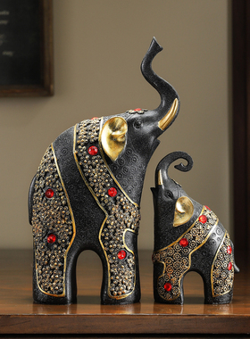 新中式轻奢动物珍珠子母象摆件