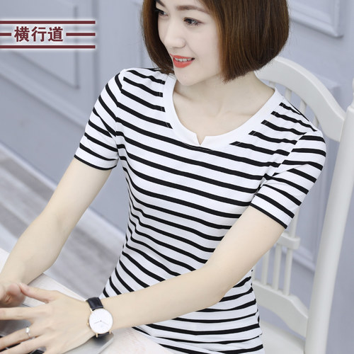 莫代尔棉条纹短袖t恤女大码胖MM中年妈妈v领打底半袖2026新款夏装 - 图0