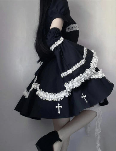 在逃公主暗黑甜辣撞色连衣裙亚文化lolita蓬蓬小黑裙子万圣节服饰 - 图1