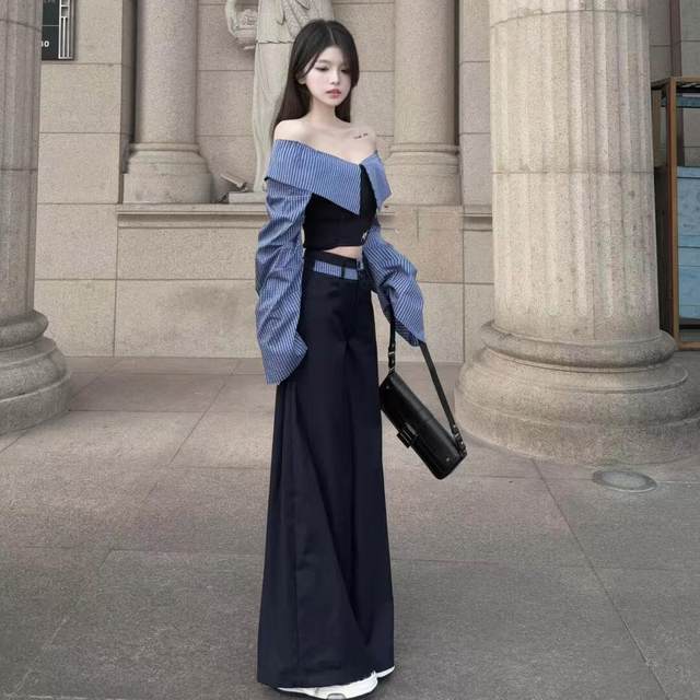 Hong Kong style shirt, wide-leg pants, two-piece hot girl