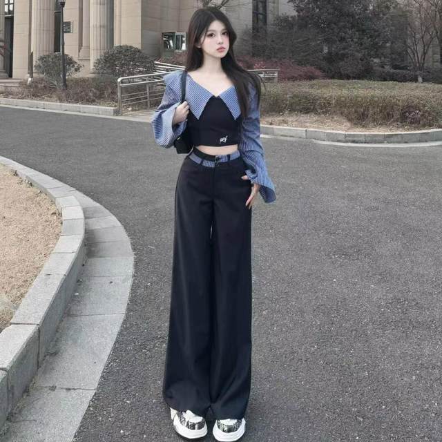 Hong Kong style shirt, wide-leg pants, two-piece hot girl