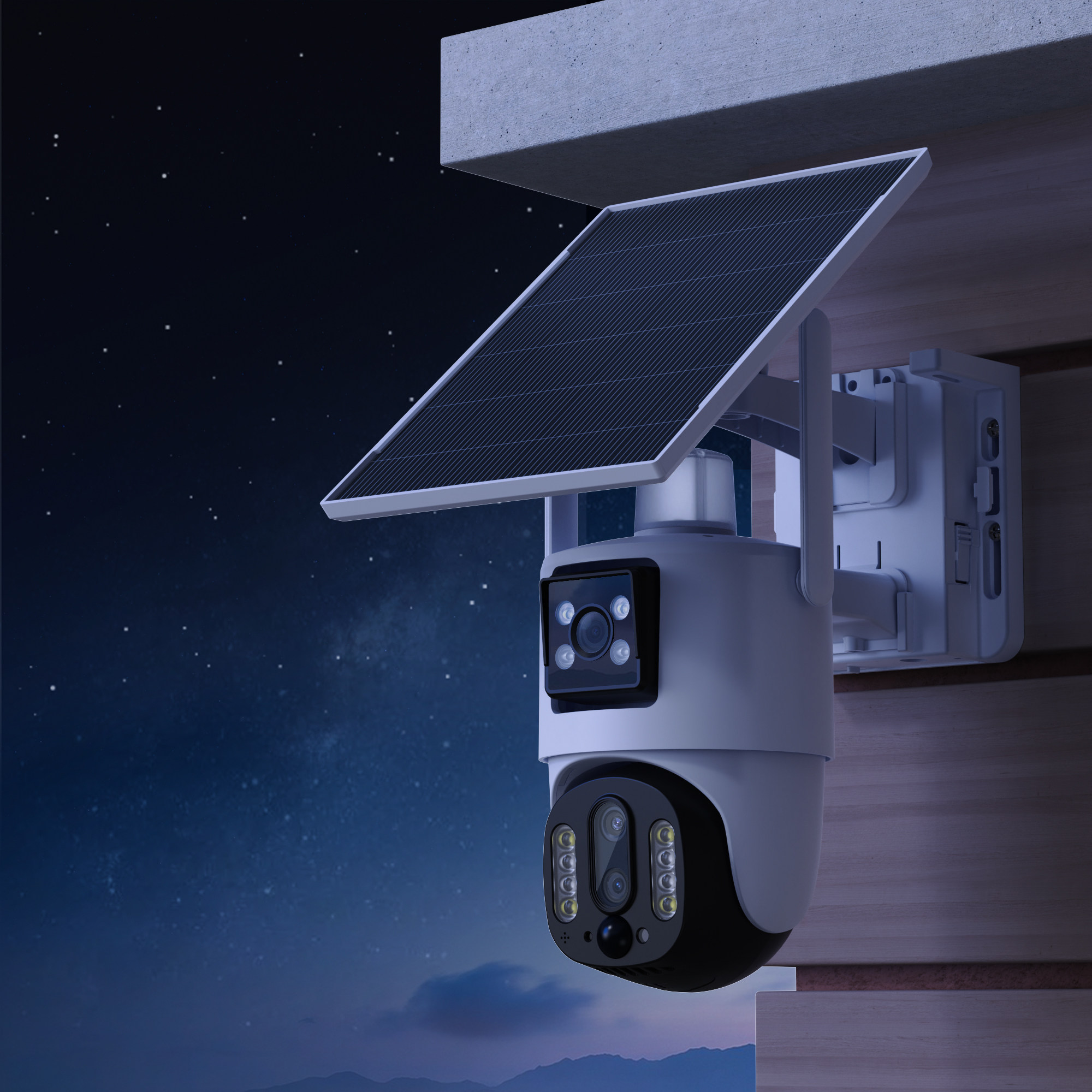 三镜头太阳能监控摄像头4G手机远程无电网户外WIFI360度死角变焦