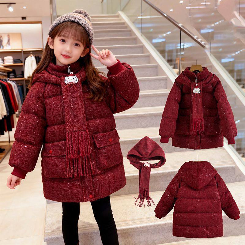 女童红色国风拜年服棉衣中大儿童中长款羽绒棉服3-13岁加厚外套冬,淘宝优惠券,粉丝福利购,淘宝优惠卷
