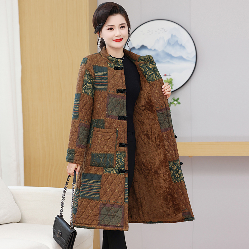 妈妈冬装新中式加绒长款棉衣中老年女装大码宽松复古盘扣棉服棉袄 - 图2