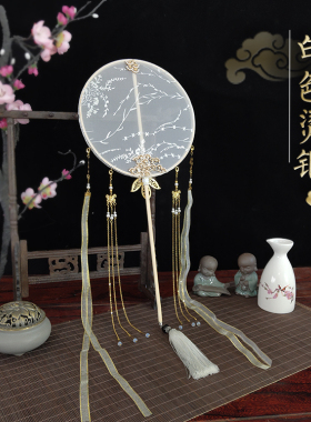 红色烫金长柄团扇汉服道具柳枝