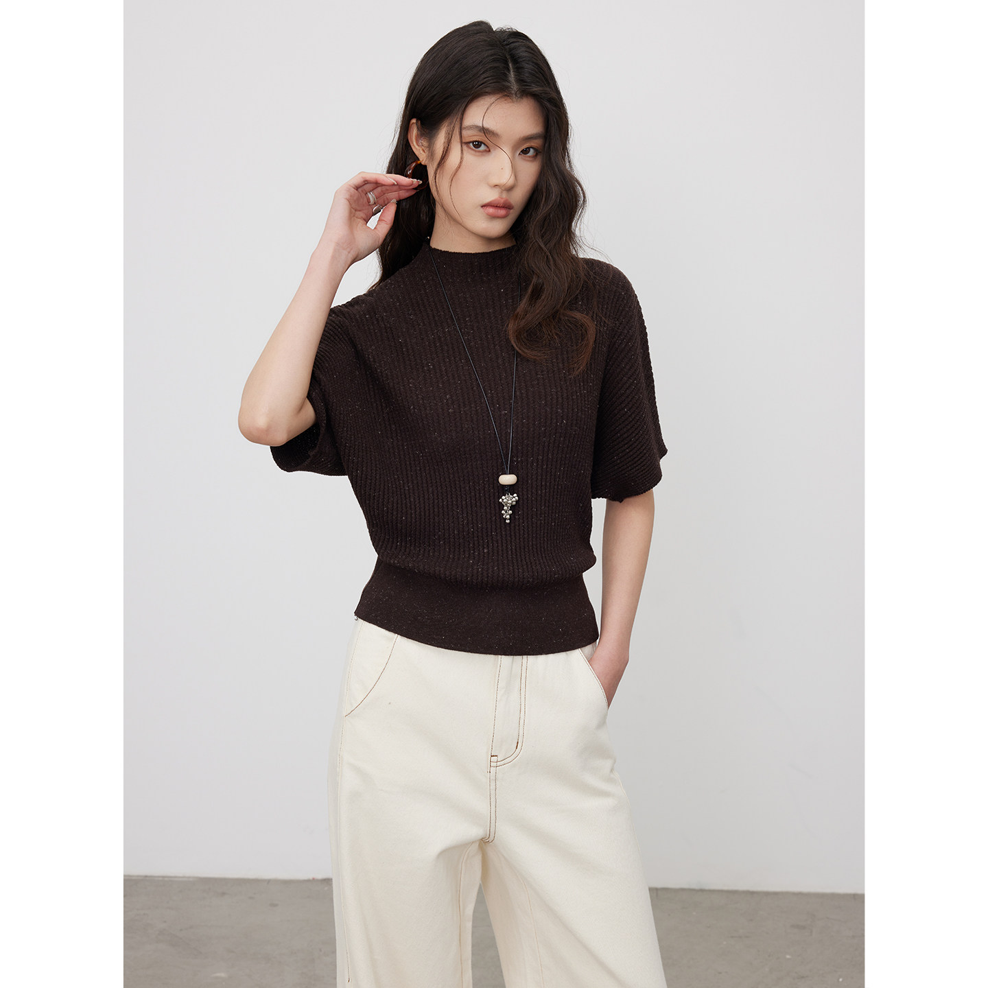 KEARA 复古短款半高领短袖针织衫女春季设计感蝙蝠袖收腰毛衣上衣,淘宝优惠券,粉丝福利购,淘宝优惠卷