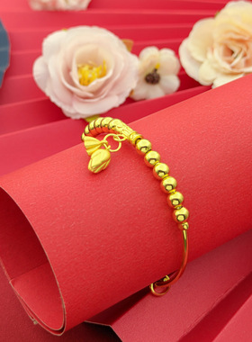 两世欢推拉手镯女轻奢时尚民族风莲花莲蓬吊坠手环电镀真金手饰潮