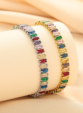 火彩多巴胺ins彩色锆石女轻奢小众精致高级感百搭长方形爪链手饰