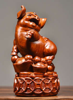 花梨木雕猪摆件全套十二生肖三合猪牛马兔家居红木装饰摆设工艺品