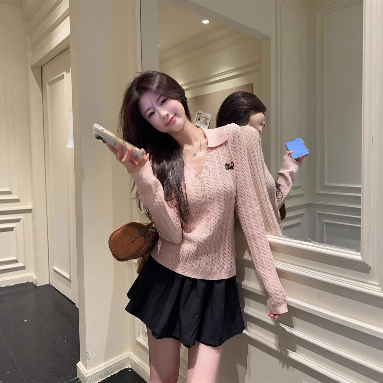 小猫刺绣粉色v领针织衫女秋冬麻花修身毛衣甜美韩系打底长袖上衣,淘宝优惠券,粉丝福利购,淘宝优惠卷