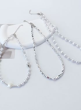 银色小方块珠子项链锁骨链挂链