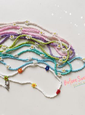 口罩链串珠五彩小花挂脖链简约装饰项链颈链时尚眼镜链防丢链