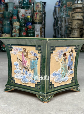 石湾盆四方盆手工贴花八仙陶瓷盆家居绿植园林盆景盆栽
