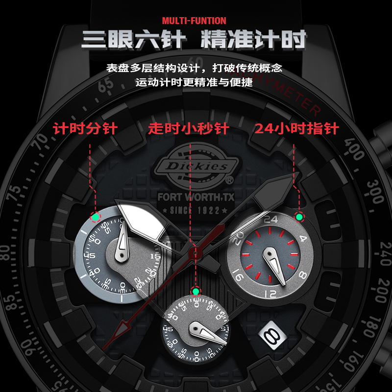 Dickies手表2024年新款多功能男士商务潮流防水手表三眼石英CL560