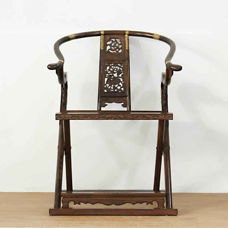 中式交叉椅老榆木雕花包铜纯实木折叠椅打猎椅胡桃色古典家具交椅 - 图0