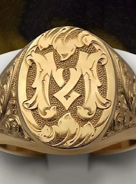 跨境热销饰品金色字母M雕花印章男戒欧美风图章男士指环