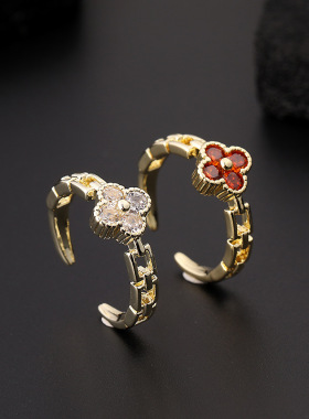 时尚可爱微镶真金彩色红色锆石四叶草戒指幸运草开口指环ins对戒