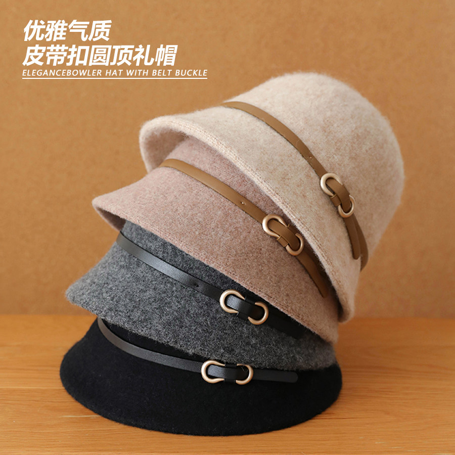 秋冬高级感毛呢渔夫帽气质优雅小礼帽女生法式复古圆顶盆帽显脸小